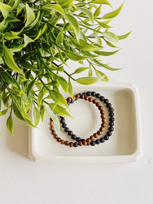 Wood + Black Lava stone beaded bracelets