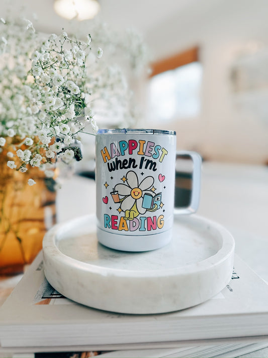 Happiest When Reading 12 oz insulated mug with spill proof lid