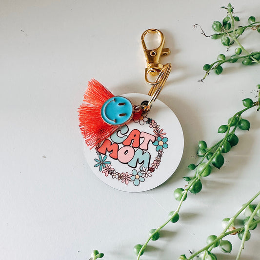 Floral Cat Mom Keychain