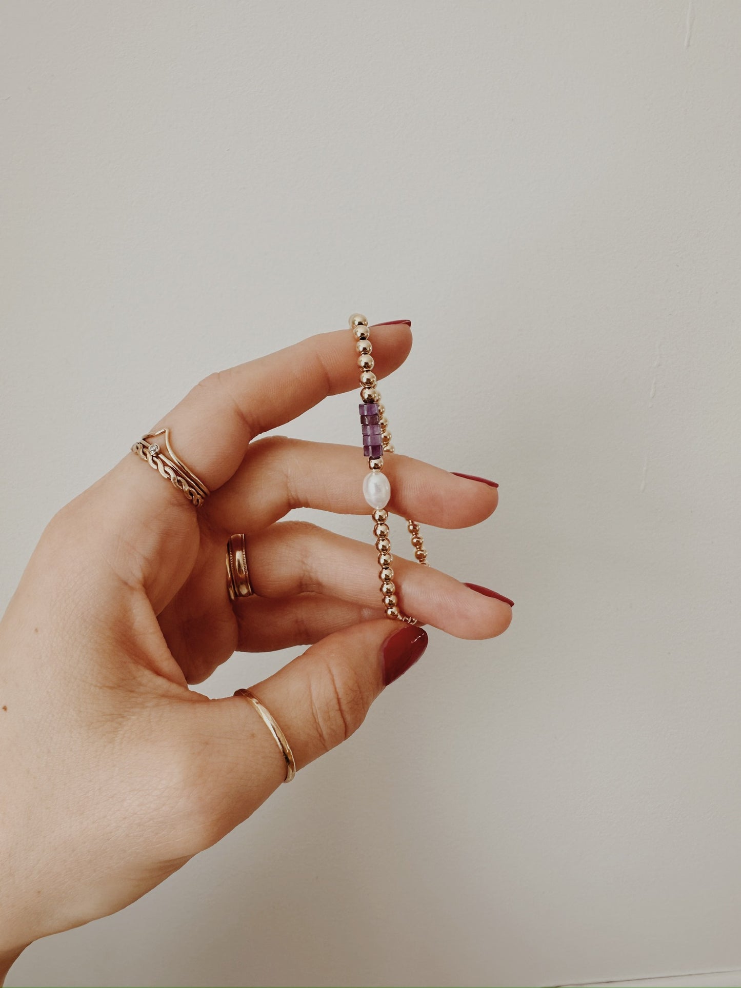Pearl + Amethyst gemstone + Gold beaded bracelet Set