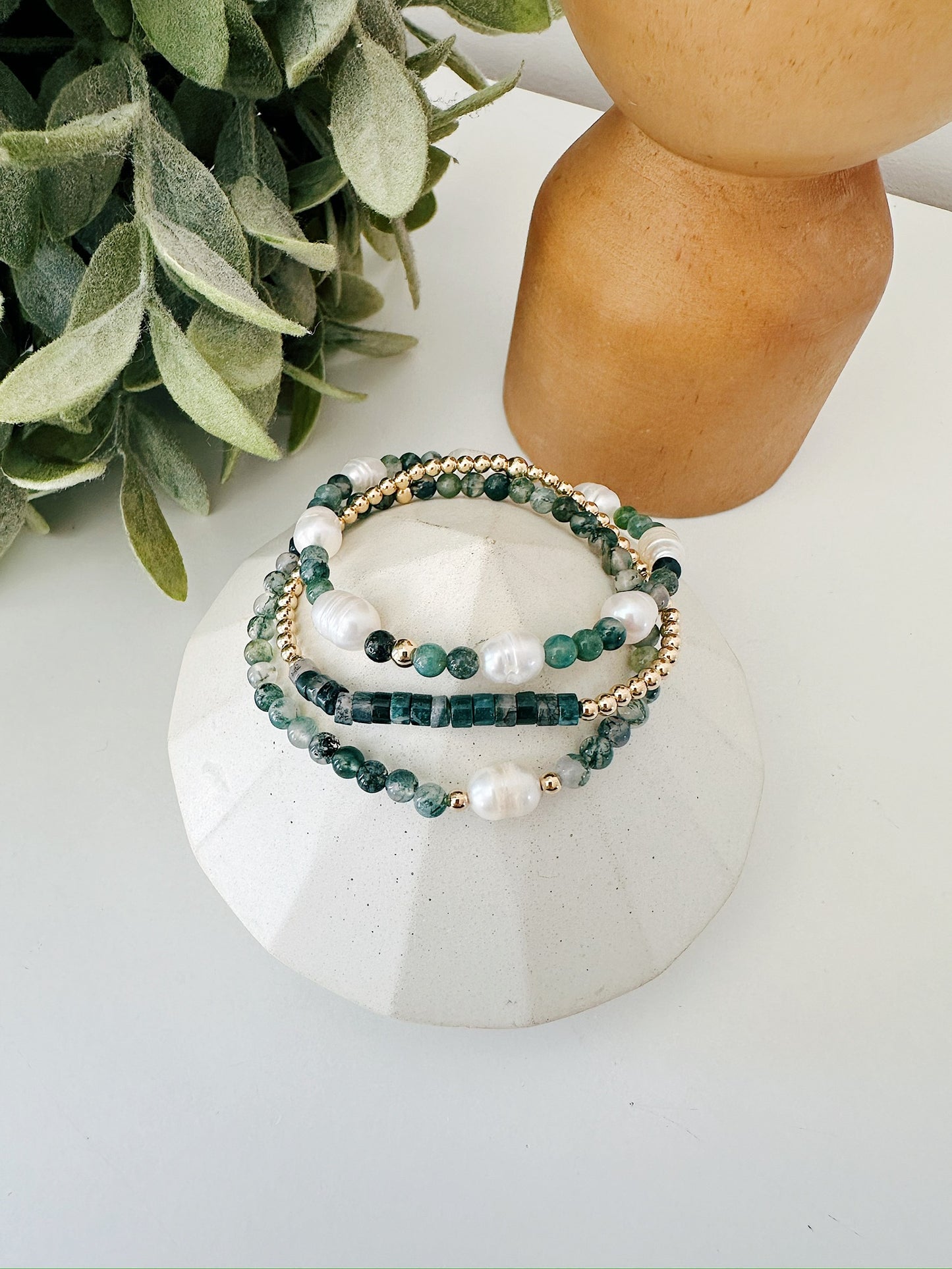 Pearl + Jade gemstone + Gold beaded bracelet Set