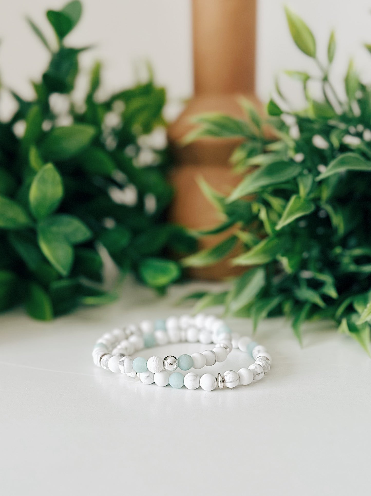 Amazonite + Howlite + Silver bead bracelet Set - 6mm