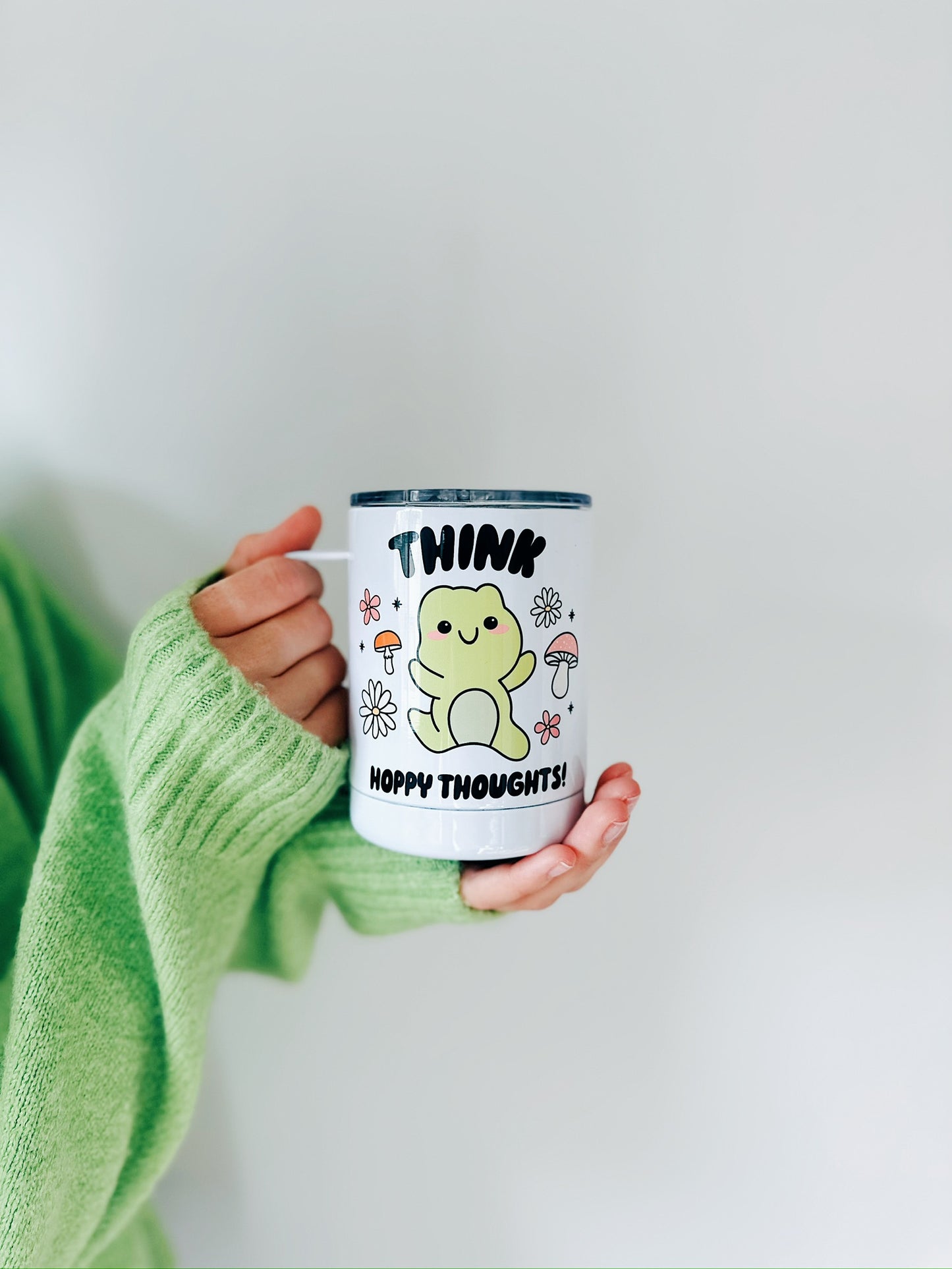 Cute Frog / Hoppy Thoughts 12 oz insulated mug with spill proof lid