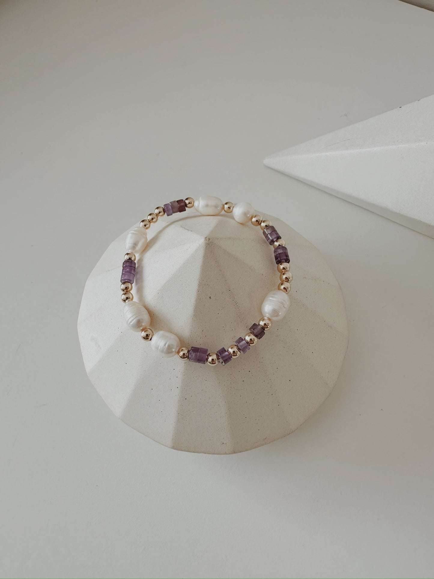 Pearl + Amethyst gemstone + Gold beaded bracelet Set