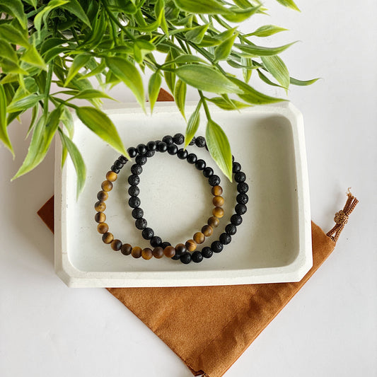 Mens Tiger Eye gemstone + Black lava bead bracelet set