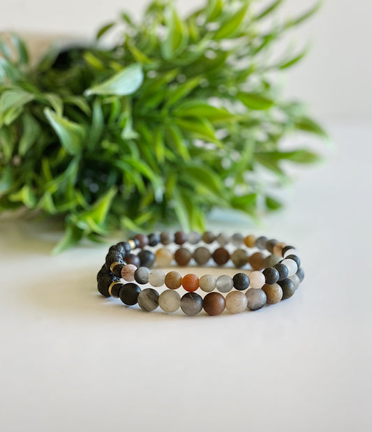Tourmaline gemstone + Black lava bead bracelet set (6mm + 8mm)