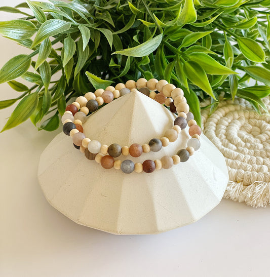 Tourmaline gemstone + wood beaded bracelet set