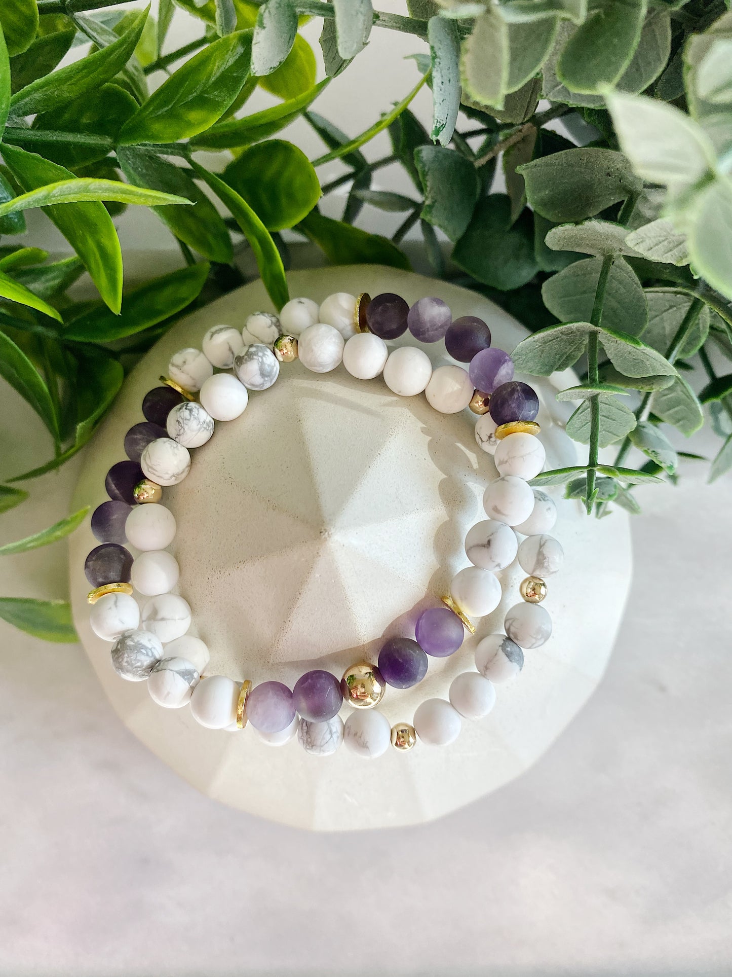 Amethyst + Howlite gemstone bracelet set
