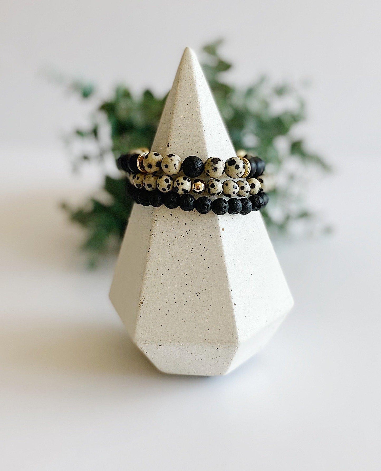 Dalmatian Jasper + Black Onyx bead bracelets