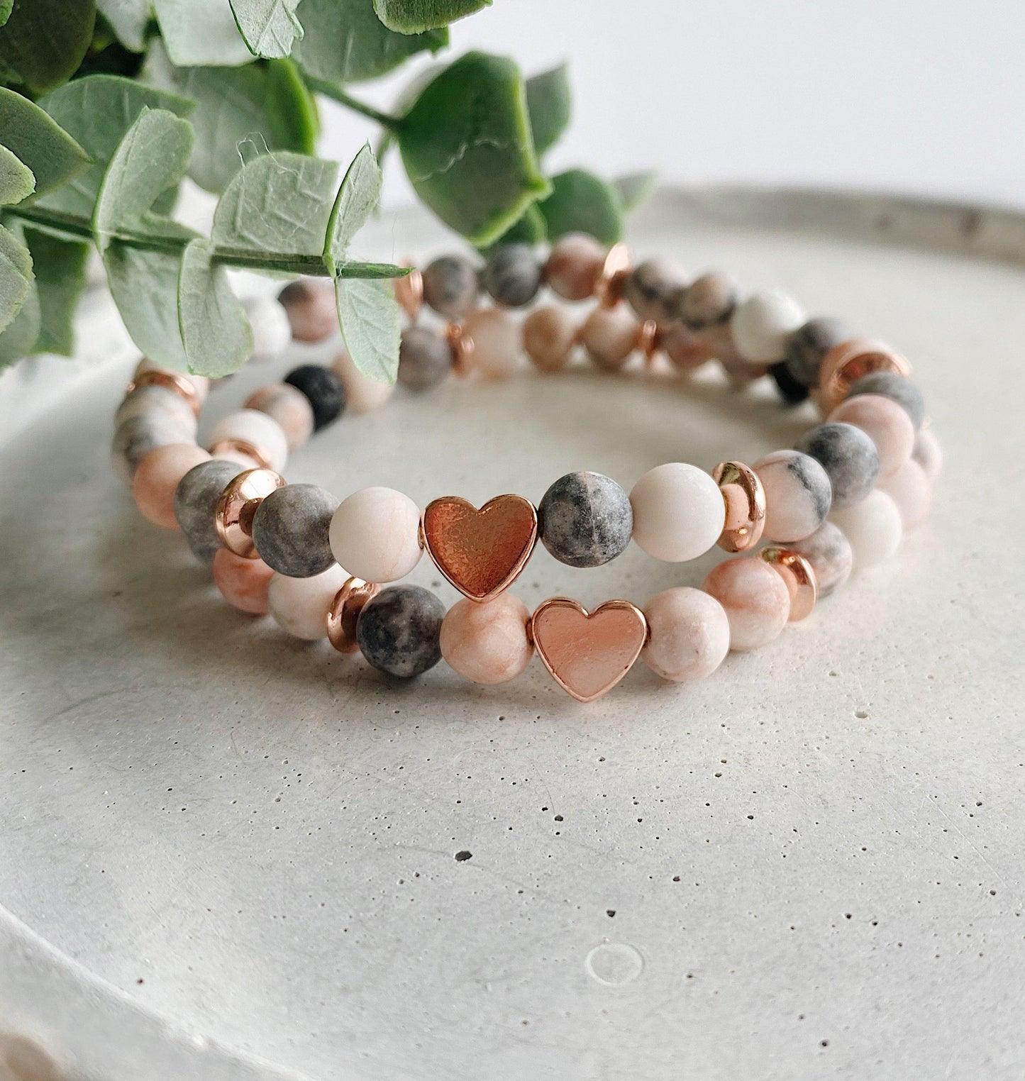 Heart + Pink Zebra Jasper bead bracelet - 6 MM