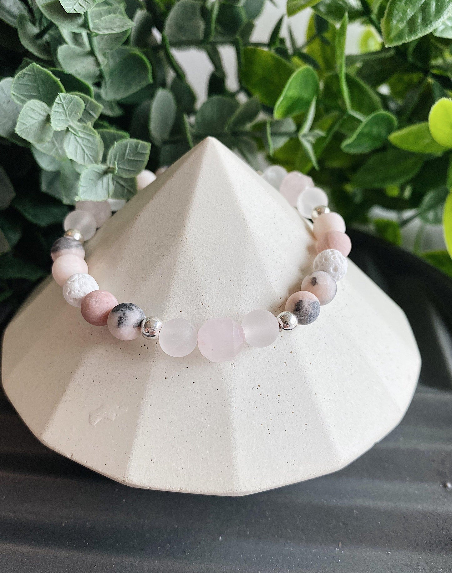 Rose Quartz + Pink Zebra Jasper + Silver bead bracelet