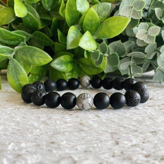 Mens Grey Jasper + Black Onyx + black lava bead bracelet  - 10 MM