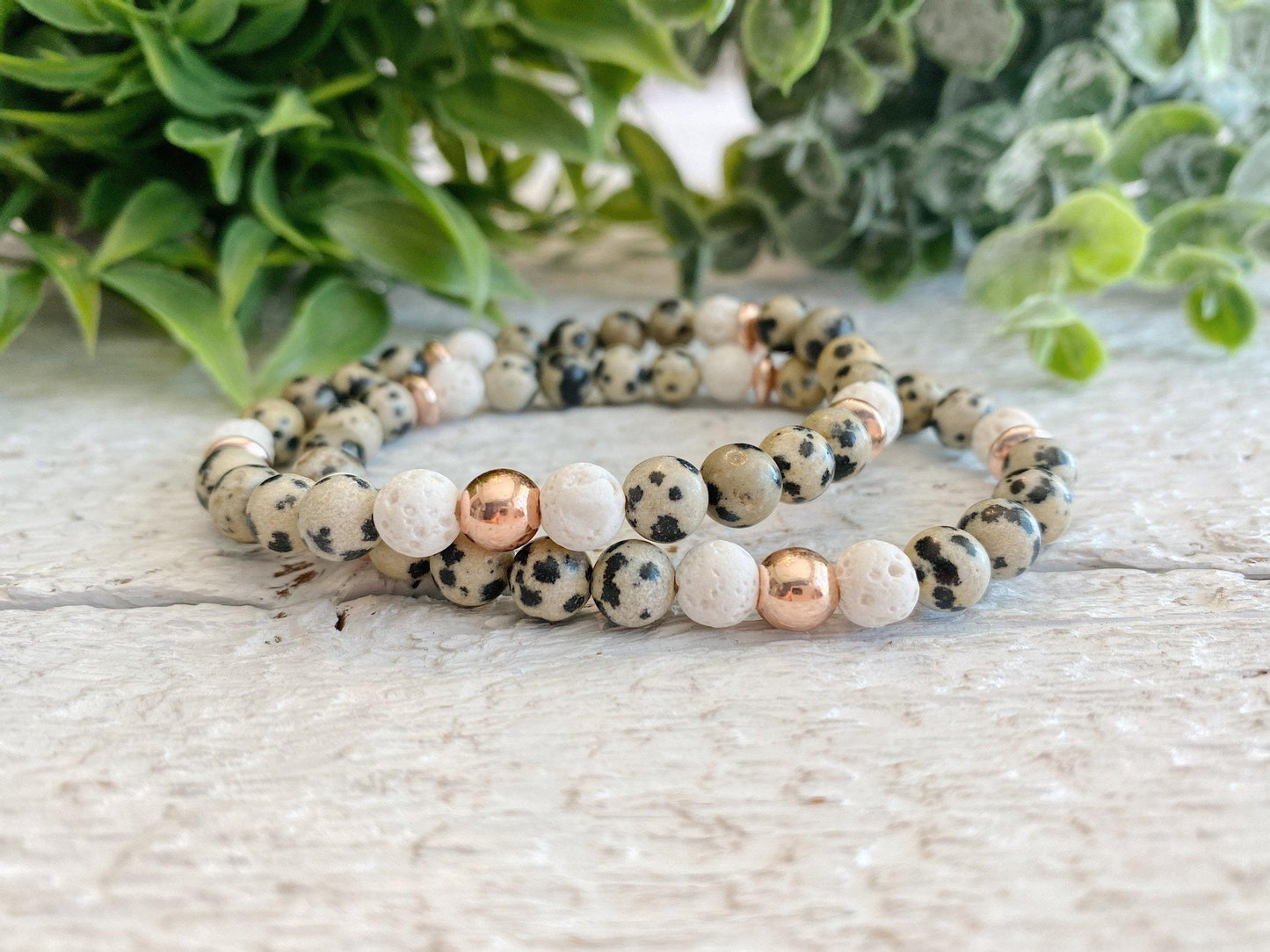 Dalmatian Jasper + Rose Gold diffuser bead bracelet