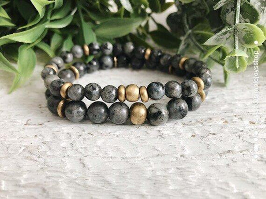 Black Labradorite + Brass bead bracelet Set