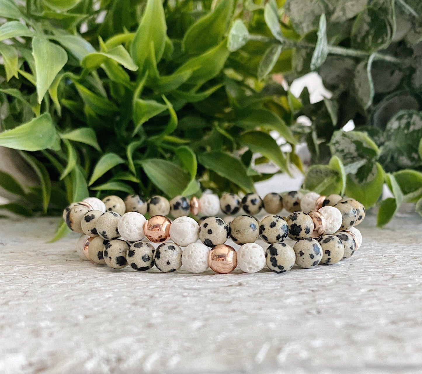 Dalmatian Jasper + Rose Gold diffuser bead bracelet