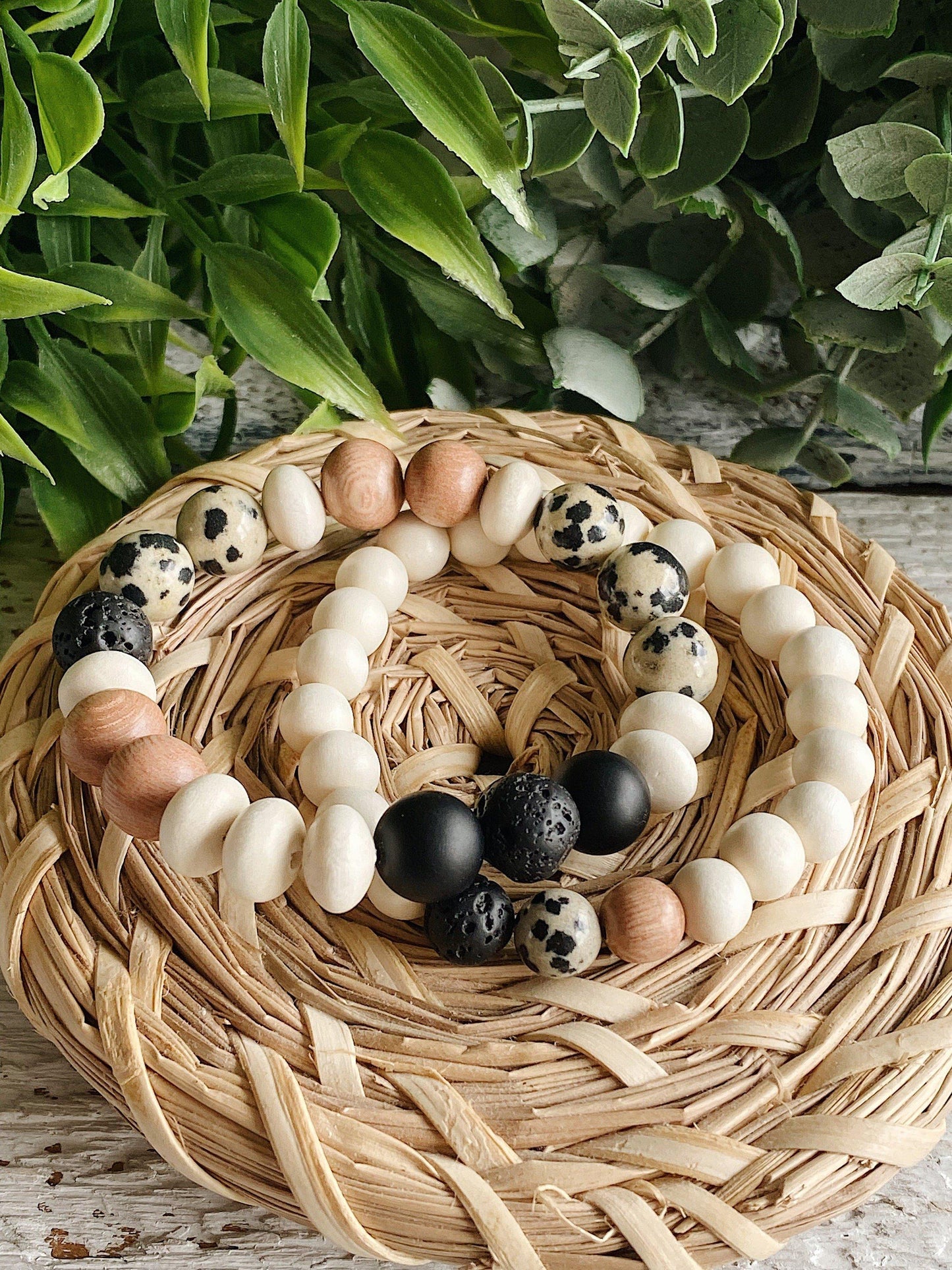 Dalmatian Jasper + White Wood  + Matte Onyx bead bracelets