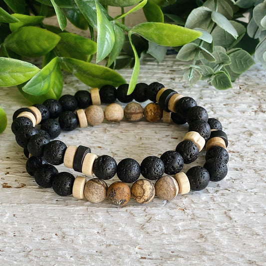 Mens Jasper + Wood + black lava stone bead bracelet